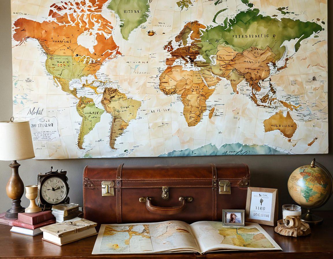 A beautifully arranged collection of memorable gifts such as personalized photo albums, hand-painted souvenirs, and travel-inspired trinkets. Set against a backdrop of a world map with journey markers, include travel photos and handwritten notes scattered artfully. The scene radiates warmth and nostalgia, inviting viewers to reminisce about their own travels. soft lighting, warm color palette, cozy atmosphere. vibrant colors. painting.