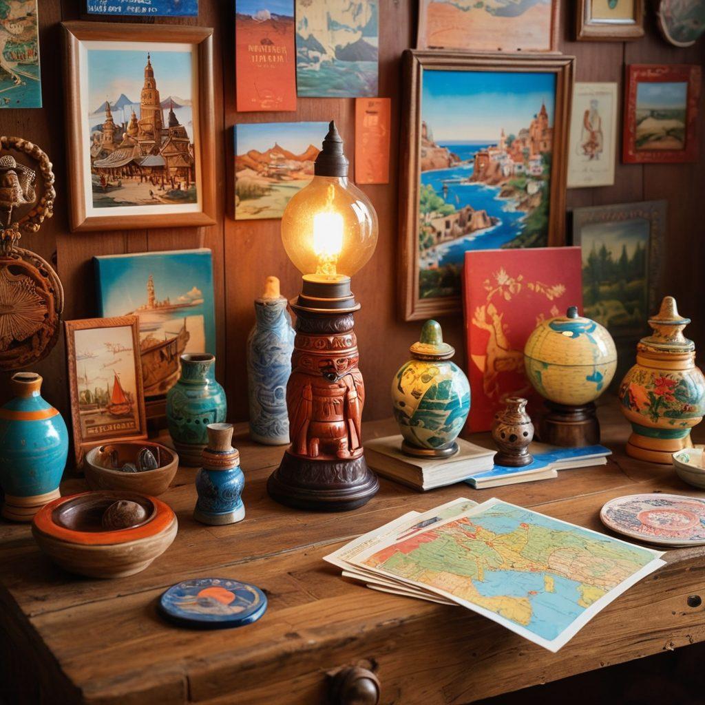 An eclectic collection of vibrant souvenirs from around the world, each telling a unique story, displayed on a rustic wooden table. Include items like a hand-painted pottery, a carved totem, colorful postcards, and delicate textiles, all with travel-themed backgrounds like maps and landmarks. Warm, inviting lighting to create a nostalgic and adventurous atmosphere. super-realistic. vibrant colors. soft focus.