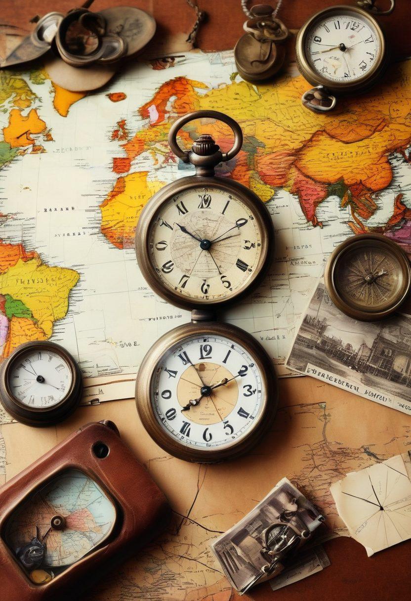 A visually stunning collage showcasing various travel keepsakes like vintage postcards, colorful magnets, and handmade souvenirs from around the world. Include an antique pocket watch and a world map in the background, symbolizing time travel and exploration. The image should evoke a sense of nostalgia and adventure, blending real travel elements with artistic flair. vibrant colors. super-realistic.